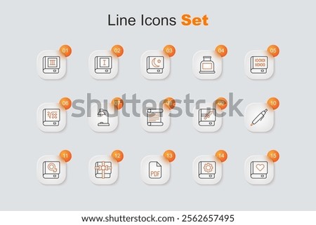 Set line Romance book, User manual, PDF file document, Book as gift, about women, Pen, weapon and Decree, parchment, scroll icon. Vector