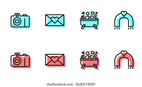 Set line Romantic in bathroom, Photo camera, Envelope with Valentine heart and Love magnet icon. Vector