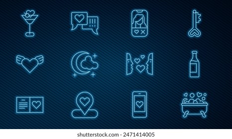 Set line Romantic in bathroom, Wine bottle, Dating app online, Moon and stars, Heart with wings, Martini glass, Love first sight and speech bubble icon. Vector