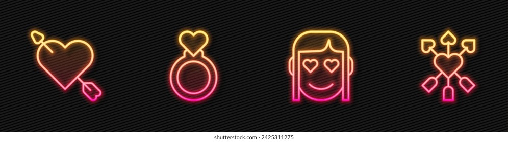 Set line Romantic girl, Amour with heart and arrow, Wedding rings and . Glowing neon icon. Vector