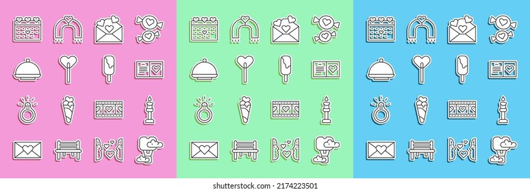Set line Romantic hot air balloon, Burning candle, Valentines day party flyer, Envelope with heart, Lollipop, Covered tray, Calendar and Ice cream icon. Vector