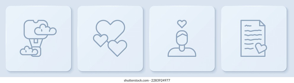 Set line Romantic hot air balloon, Couple in love, Heart and Envelope with Valentine heart. White square button. Vector