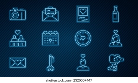 Set line Romantic hot air balloon, Couple in love, Photo frames and hearts, Calendar with, camera, Clock and Greeting card icon. Vector