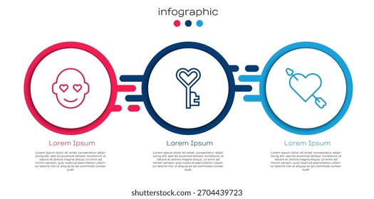 Set Linie Romantischer Mann, Schlüssel in Herzform und Amour mit und Pfeil. Vorlage für Geschäftsinformationen. Vektorgrafik