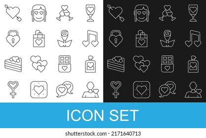 Línea Romántico, Perfume, Nota musical, tono con corazones, Vidrio de champán, Bolsa de compras, Castillo la forma, Amour y flecha e icono de rosa de Flor. Vector