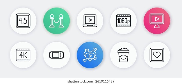 Set line Romantic movie, Online play video, 4k, Popcorn cardboard box, Full HD 1080p, Like heart and Cinema ticket icon. Vector
