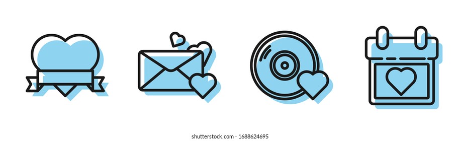 Set line Romantic music, Heart and ribbon, Envelope with heart and Calendar with heart icon. Vector