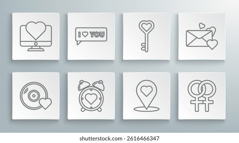 Set line Romantic music, Speech bubble with I love you, Heart in the center alarm clock, Map pointer heart, Female gender symbol, Key shape, Envelope and Computer monitor icon. Vector