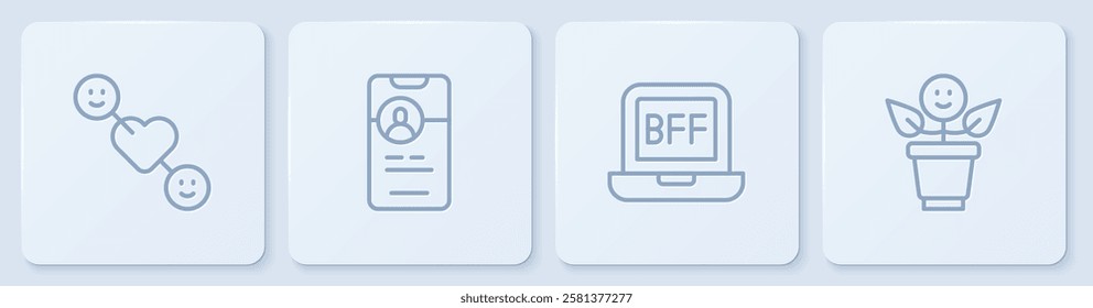 Set line Romantic relationship, BFF or best friends forever, Dating app online and . White square button. Vector