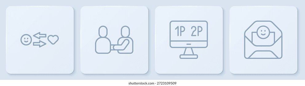 Establecer línea Relación romántica, pantalla del monitor de la computadora, día de la amistad feliz y sobre con corazón de San Valentín. Botón cuadrado blanco. Vector