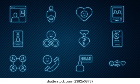 Set line Romantic relationship, Dating app online, Good, Friends forever, Incoming call mobile, Video chat conference, Necklace with heart shaped and Loss of friend icon. Vector