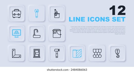 Set line Roof tile, Crane hook, Washbasin, Wallpaper, Worker safety helmet, Closed door, Adjustable wrench and Hammer icon. Vector