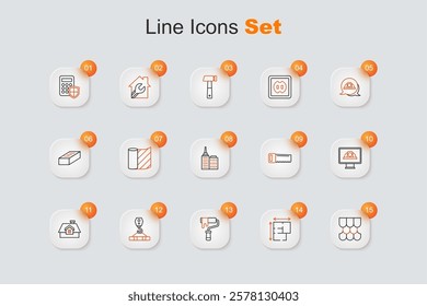 Set line Roof tile, House plan, Paint roller brush, Crane hook, Worker safety helmet, Hand saw and City landscape icon. Vector