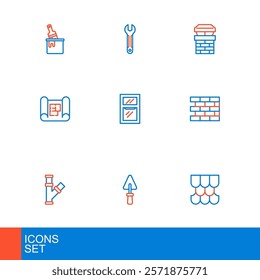 Set line Roof tile, Trowel, Industry metallic pipe, Bricks, House plan, Hammer and wrench spanner, Chimney and Wrench icon. Vector