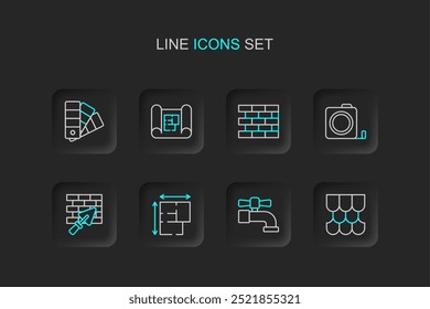 Definir linha Telha de telhado, torneira de água, Plano de casa, Parede de tijolo com toalha, construção de roleta, tijolos, e ícone de guia de paleta de cores. Vetor