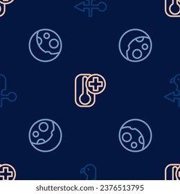 Fijar la línea Vane del tiempo de Rooster, Fases de la Luna y Termómetro en un patrón ininterrumpido. Vector