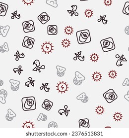 Set line Rooster weather vane, Water drop percentage, Cloud with moon and Solar energy panel on seamless pattern. Vector