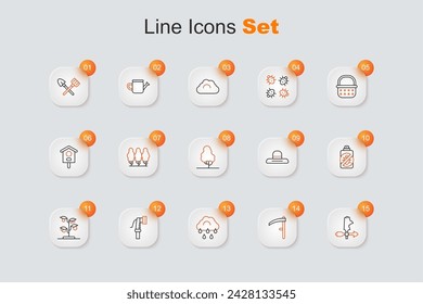 Set line Rooster weather vane, Scythe, Cloud with rain, Garden hose, Sprout, Spray against insects, Farmer worker hat and Fruit tree icon. Vector