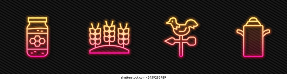 Set line Rooster weather vane, Jar of honey, Wheat and Can container for milk. Glowing neon icon. Vector