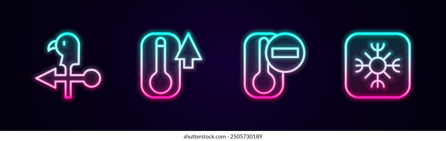 Set line Rooster weather vane, Thermometer,  and Snowflake. Glowing neon icon. Vector