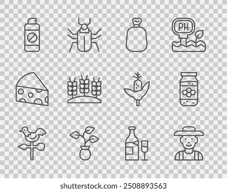 Set line Galo tempo vane, Agricultor em chapéu, Saco completo, Planta, Jardim pulverizador para fertilizante, Trigo, garrafa de vinho com vidro e jarra de ícone de mel. Vetor