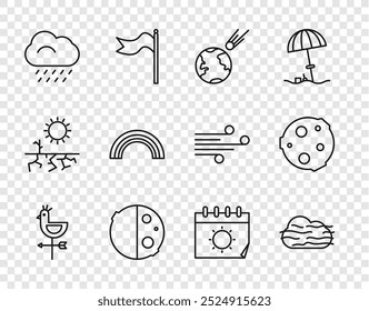 Paleta de Clima del gallo, niebla y nube, cometa cayendo rápido, eclipse de sol, nube con lluvia, arco iris, calendario e ícono de la luna. Vector