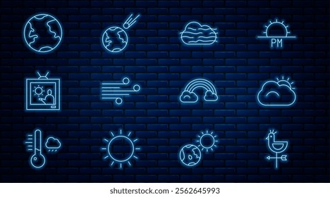 Set line Rooster weather vane, Sun and cloud, Fog, Wind, Weather forecast, Earth globe, Rainbow with clouds and Comet falling down fast icon. Vector