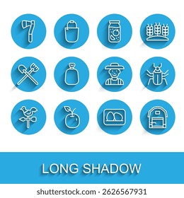 Set line Rooster weather vane, Apple, Wooden axe, Chicken egg, Farm house, Full sack, Insect fly and Farmer in hat icon. Vector