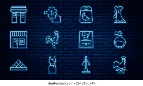 Set line Rooster weather vane, Perfume, Croissant package, French rooster, Coffee shop, Triumphal Arch, Handbag and Poodle dog icon. Vector