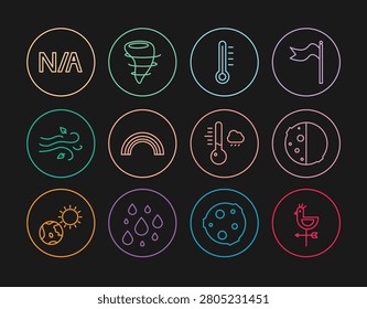 Set line Rooster weather vane, Eclipse of sun, Meteorology thermometer, Rainbow, Wind, Not applicable,  and Tornado icon. Vector