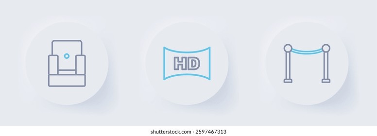 Set line Rope barrier, Hd movie, tape, frame and Cinema chair icon. Vector