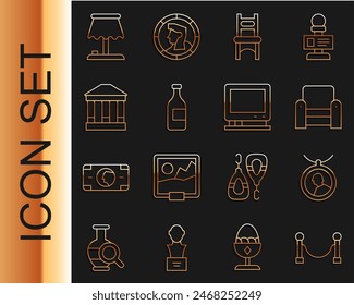 Set line Rope barrier, Locket on necklace, Armchair, Chair, Bottle of wine, Museum building, Table lamp and Retro tv icon. Vector