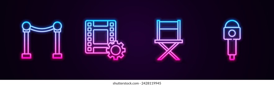 Set line Rope barrier, Play Video, Director movie chair and Microphone. Glowing neon icon. Vector