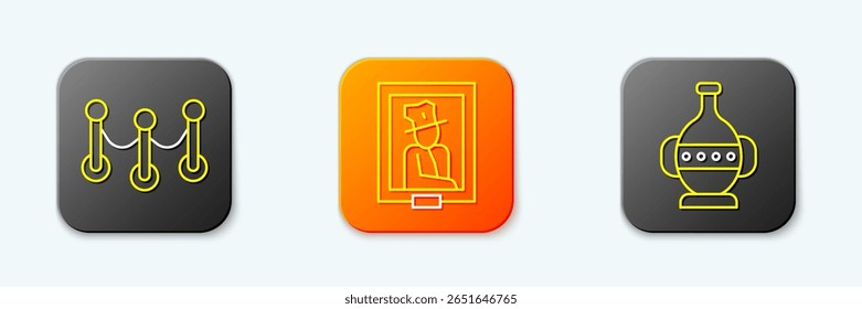 Set line Rope barrier, Portrait in museum and Ancient amphorae icon. Vector