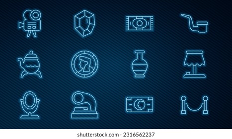 Set line Rope barrier, Table lamp, Classic carpet, Ancient coin, teapot, Retro cinema camera, amphorae and Gem stone icon. Vector