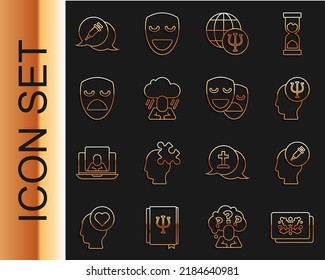 Set line Rorschach test, Addiction to the drug, Psychology, Psi, Depression, Drama theatrical mask,  and Comedy and tragedy masks icon. Vector
