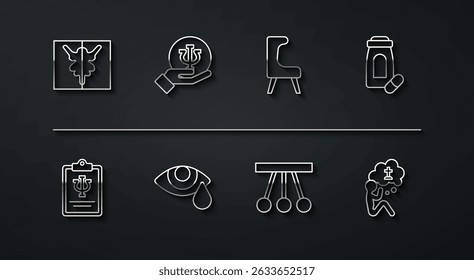 Set line Rorschach test, Psychology, Psi, Sedative pills, Pendulum, Tear cry eye, Man graves funeral sorrow and Armchair icon. Vector