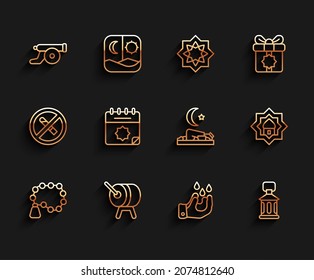 Set line Rosary beads religion, Ramadan drum, cannon, Wudhu, Kareem lantern, calendar, Muslim Mosque and man prays icon. Vector