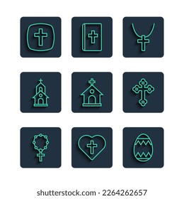 Set line Rosary beads religion, Christian cross in heart, Easter egg, chain, Church building,  and  icon. Vector