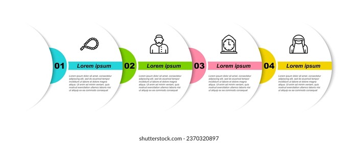 Set line Rosary beads religion, Muslim man, Clock and woman in niqab. Business infographic template. Vector