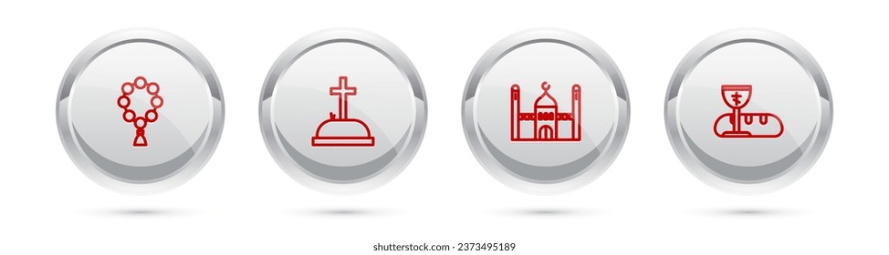 Set line Rosary beads religion, Tombstone with cross, Muslim Mosque and First communion symbols. Silver circle button. Vector