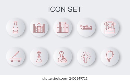 Set line Rosary beads religion, Scented spa stick, India Gate in Delhi, Christian cross, Indian vase, Taj Mahal, Hookah and man plays flute icon. Vector