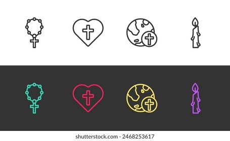 Set line Rosary beads religion, Christian cross in heart, with globe and Burning candle on black and white. Vector