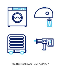 Set line Rotary hammer drill machine, Electric heater, mixer and Washer icon. Vector