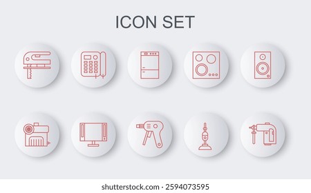 Set line Rotary hammer drill machine, Air compressor, Refrigerator, Vacuum cleaner, Electric jigsaw, Telephone, Smart Tv and hot glue gun icon. Vector