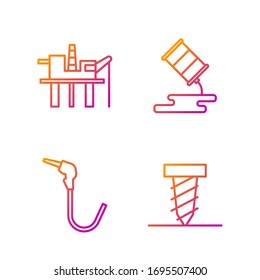 Set line Rotating drill digging a hole, Gasoline pump nozzle, Oil platform in the sea and Barrel oil leak. Gradient color icons. Vector