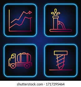 Set line Rotating drill digging a hole, Tanker truck, Oil price increase and Oil pump or pump jack. Gradient color icons. Vector