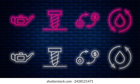 Set line Rotating drill digging a hole, Oil exchange, Canister for motor oil and Oil drop. Glowing neon icon on brick wall. Vector