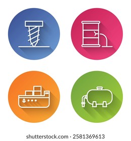 Set line Rotating drill digging a hole, Barrel oil leak, Oil tanker ship and Oil industrial factory building. Color circle button. Vector