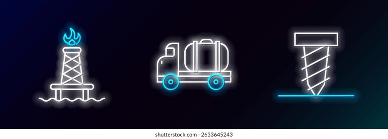 Set line Rotating drill digging a hole, Oil rig with fire and Tanker truck icon. Glowing neon. Vector
